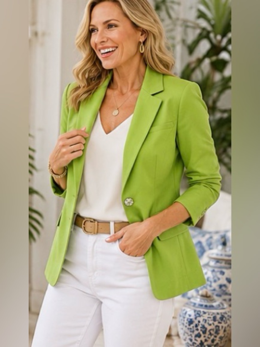 Russell Kemp Designer Lime Green Stretch Blazer Jacket Rhinestone Button Size 10